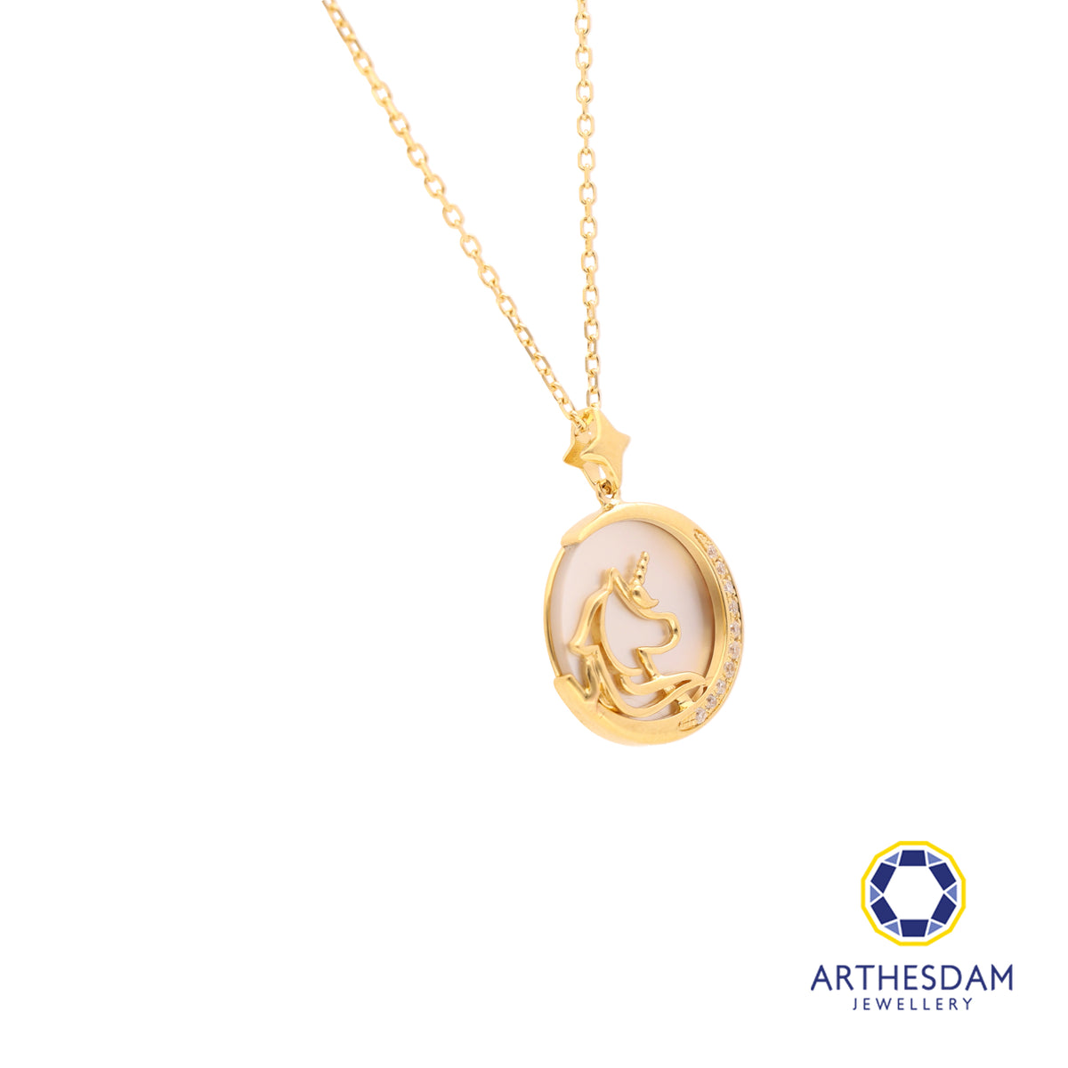 Arthesdam Jewellery 18K Gold Mother-of-pearl Unicorn 0.037CT Diamond Necklace