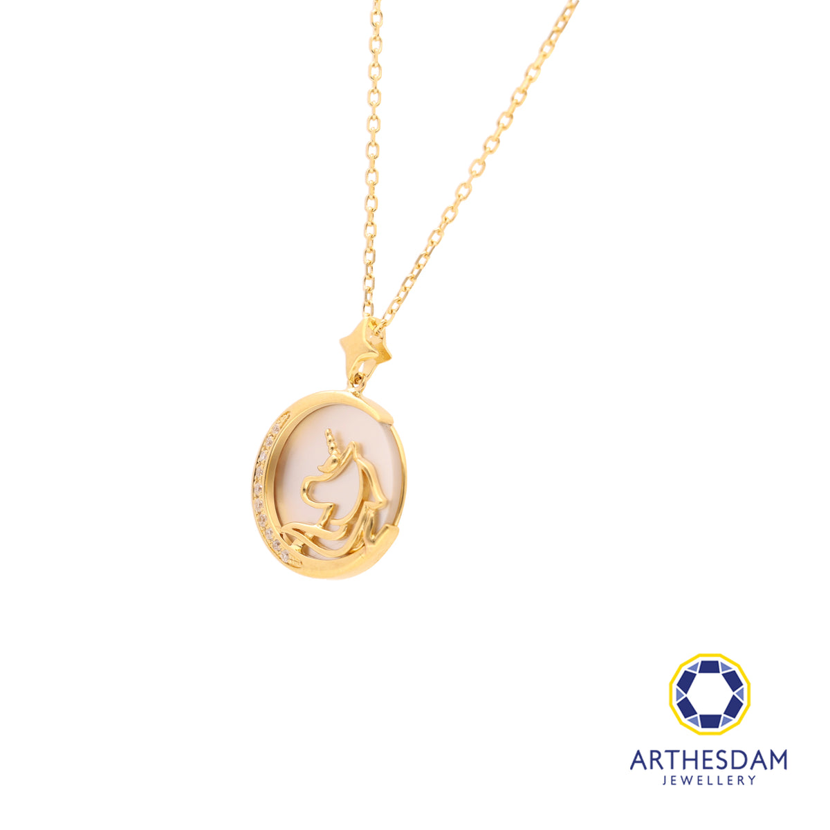 Arthesdam Jewellery 18K Gold Mother-of-pearl Unicorn 0.037CT Diamond Necklace