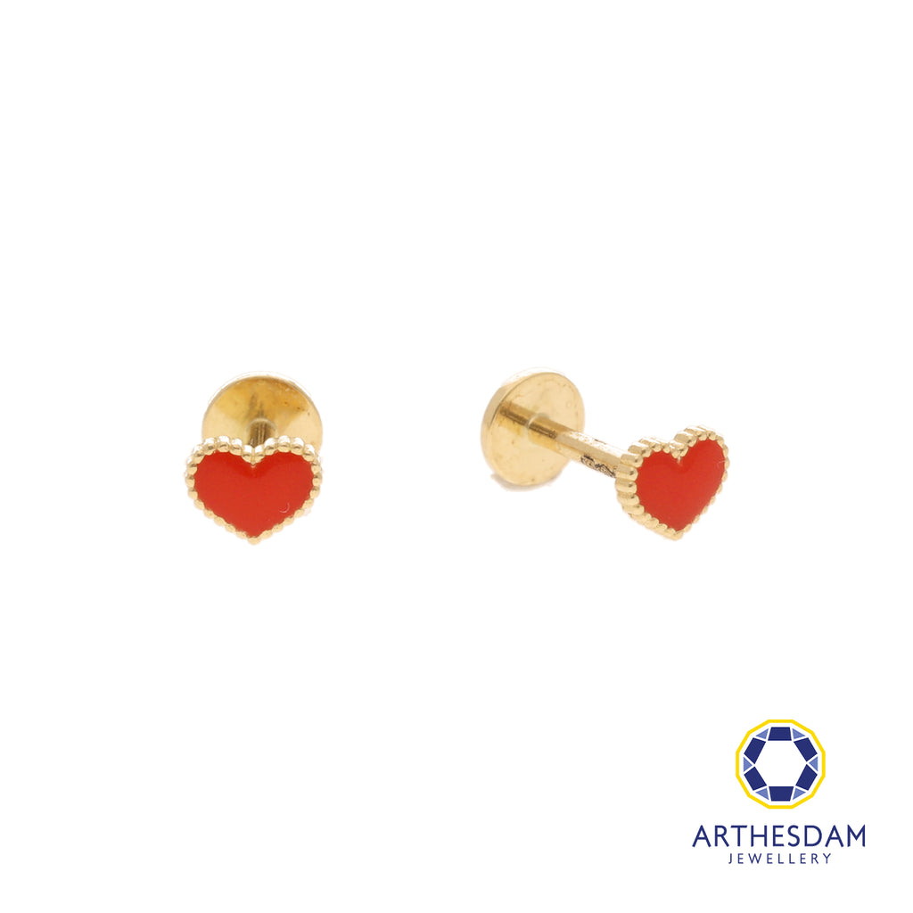 Arthesdam Jewellery 18K Gold Dainty Red Heart Earrings (Flat-back)