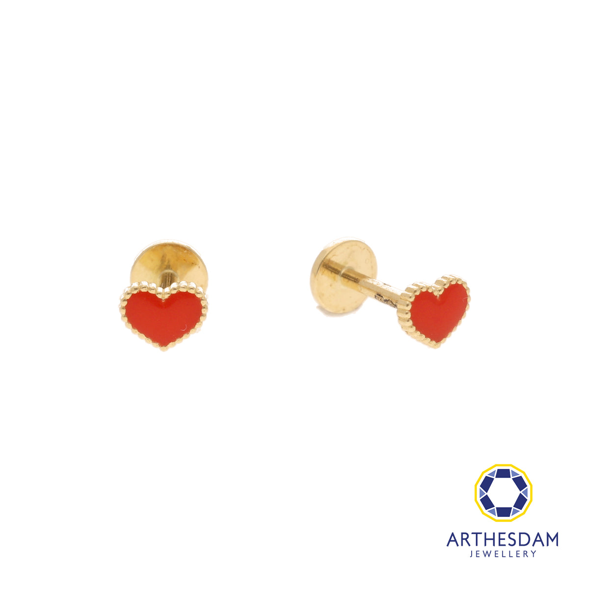 Arthesdam Jewellery 18K Gold Dainty Red Heart Earrings (Flat-back)