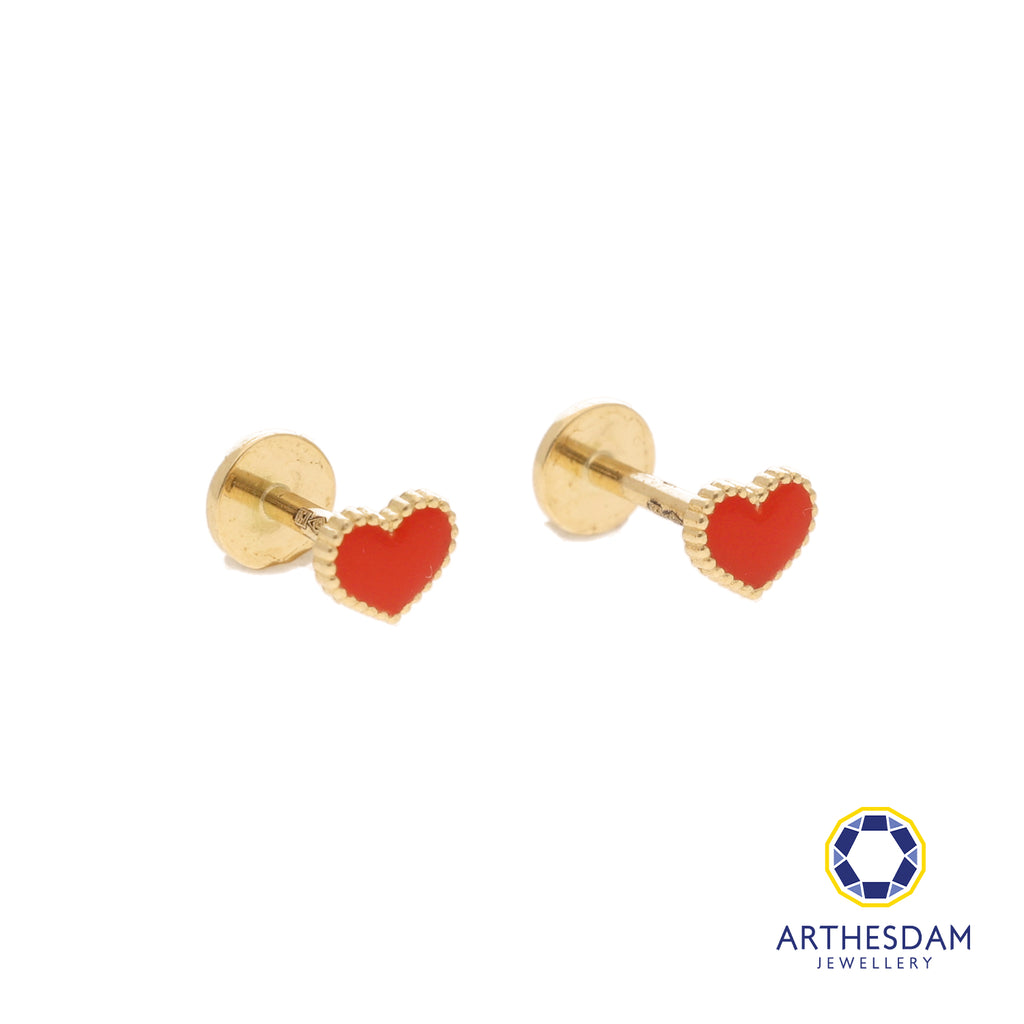 Arthesdam Jewellery 18K Gold Dainty Red Heart Earrings (Flat-back)