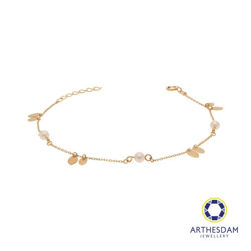 Arthesdam Jewellery 18K Yellow Gold Dainty Pearls with Dangling Oval Bracelet