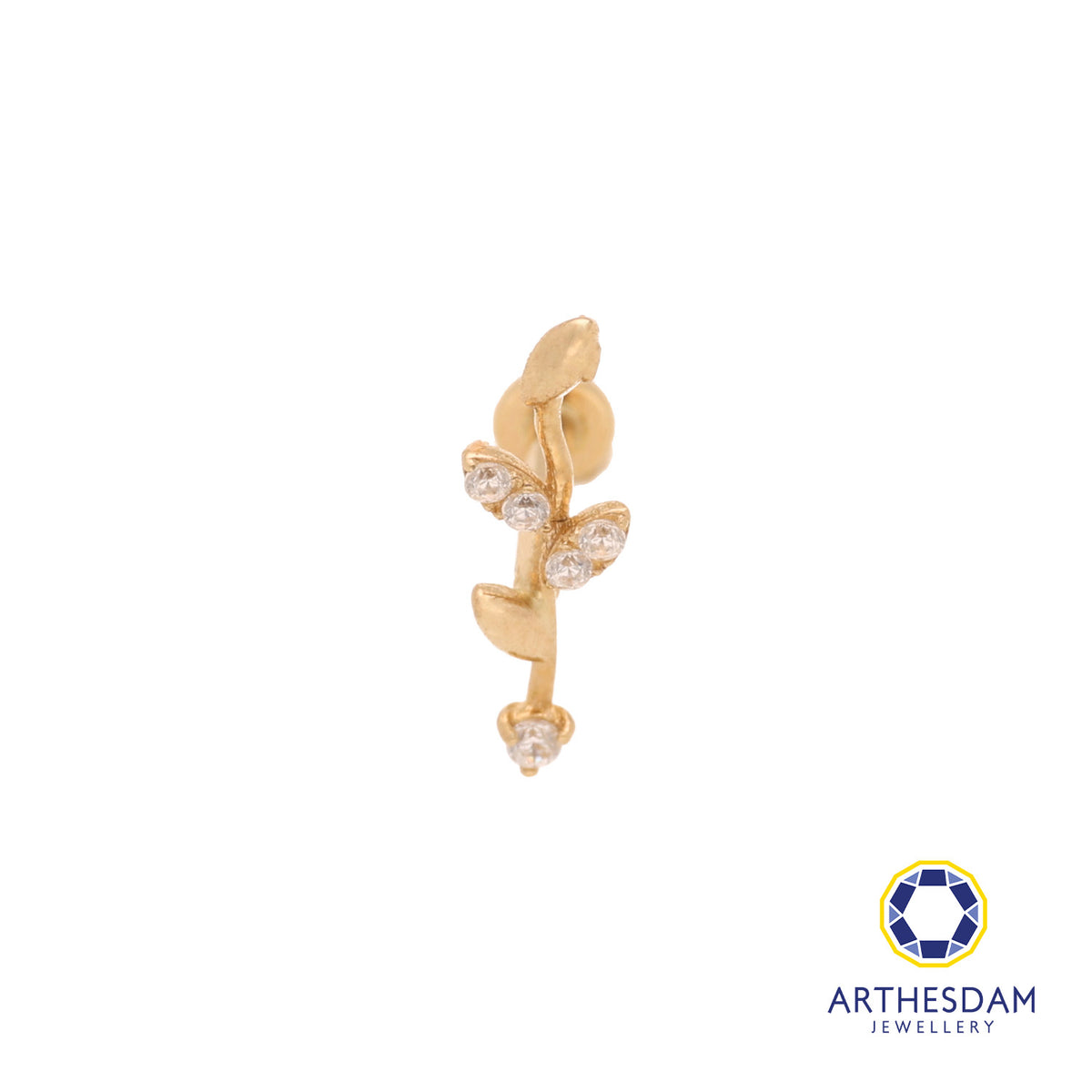 Arthesdam Jewellery 14K Gold Sparkling Leaf Single Stud Earring (Flat-back)