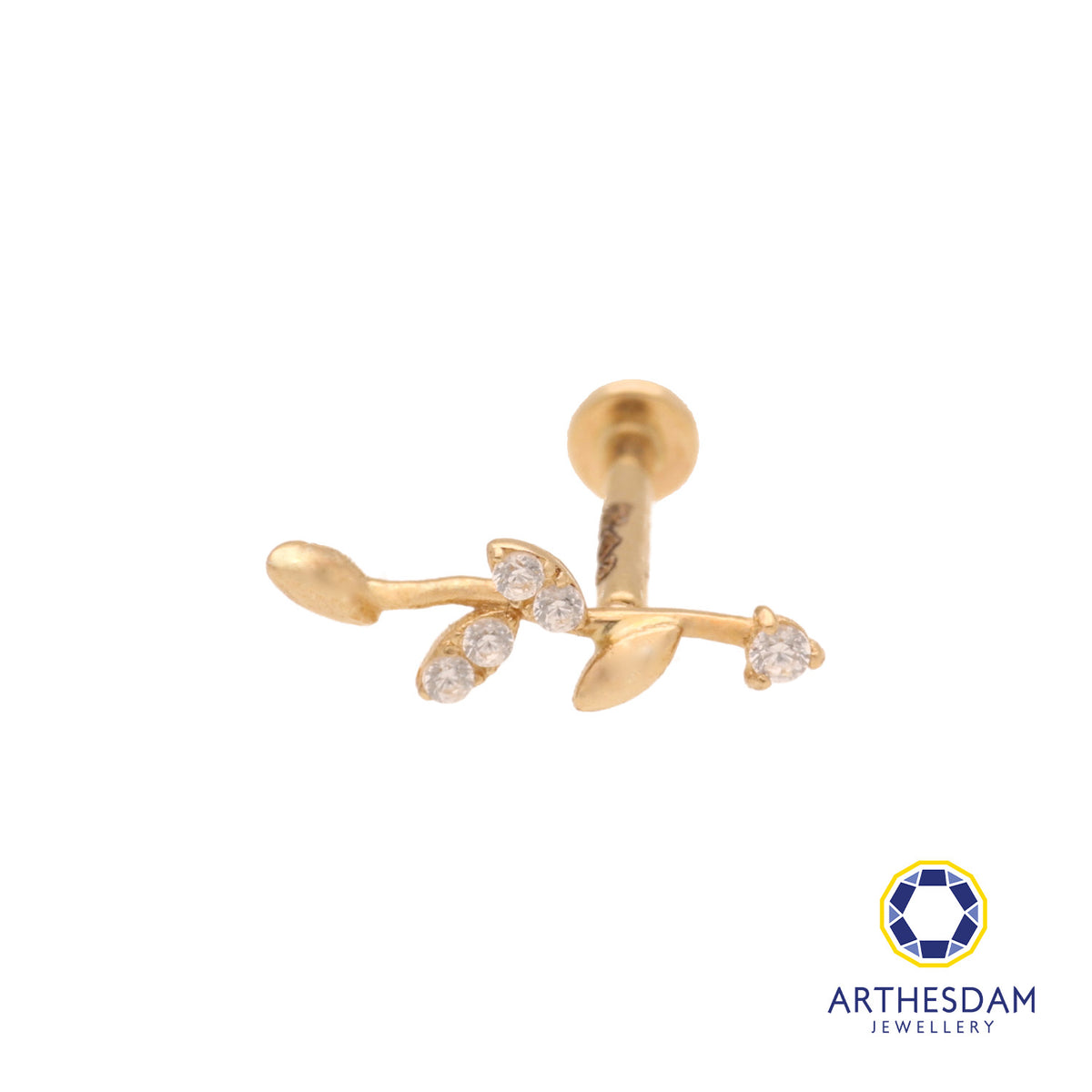 Arthesdam Jewellery 14K Gold Sparkling Leaf Single Stud Earring (Flat-back)