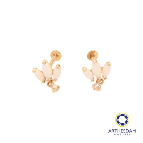 Arthesdam Jewellery 14K Gold Triple Opal Crown with Dangling Stone Earrings (Flat-back)