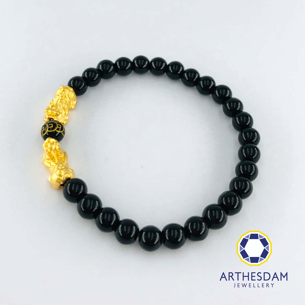 Arthesdam Jewellery 999 Gold Double Pixiu Obsidian Beaded Bracelet