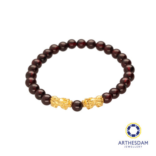 Arthesdam Jewellery 999 Gold Double Pixiu Dark Red Garnet Beaded Bracelet