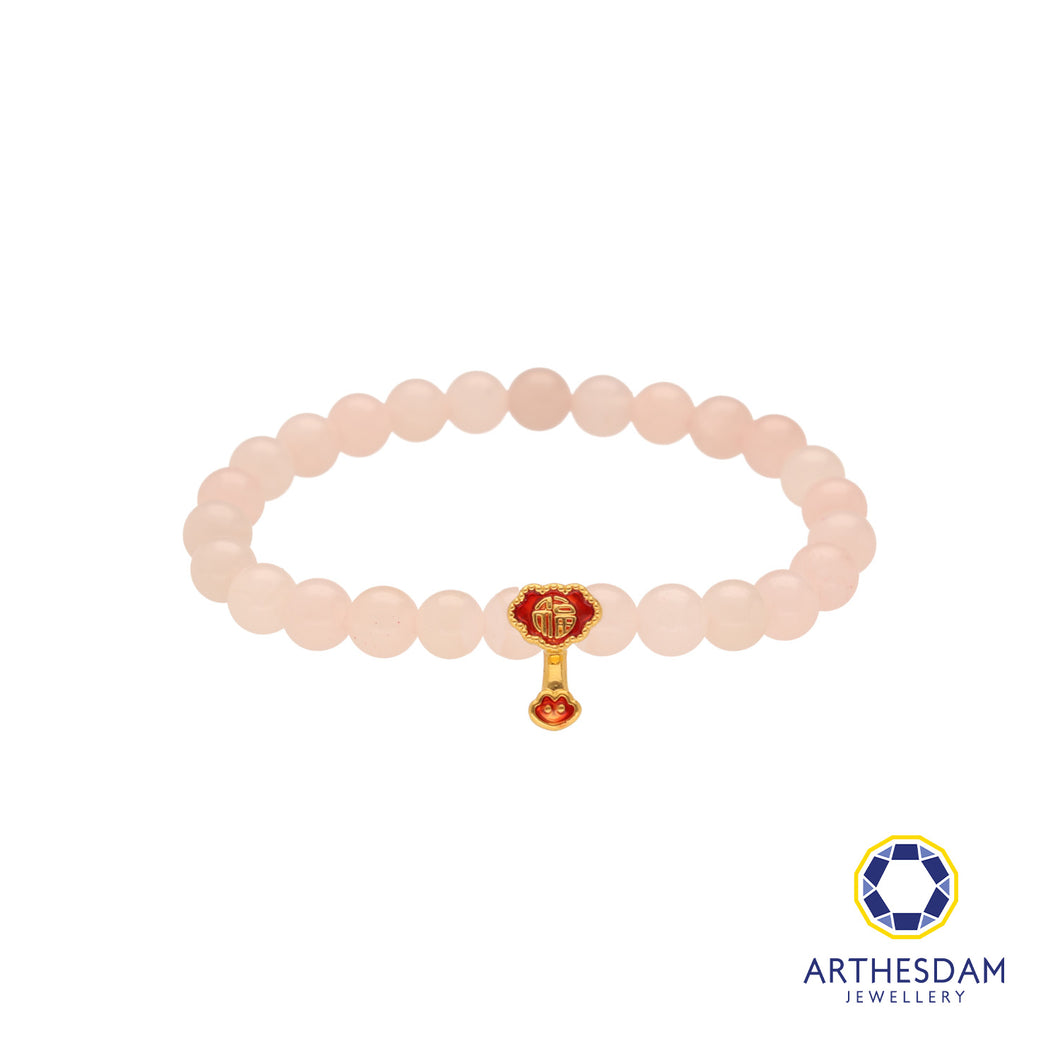 Arthesdam Jewellery 999 Gold Dangle Red Wealth Lock Rose Quartz Beaded Bracelet