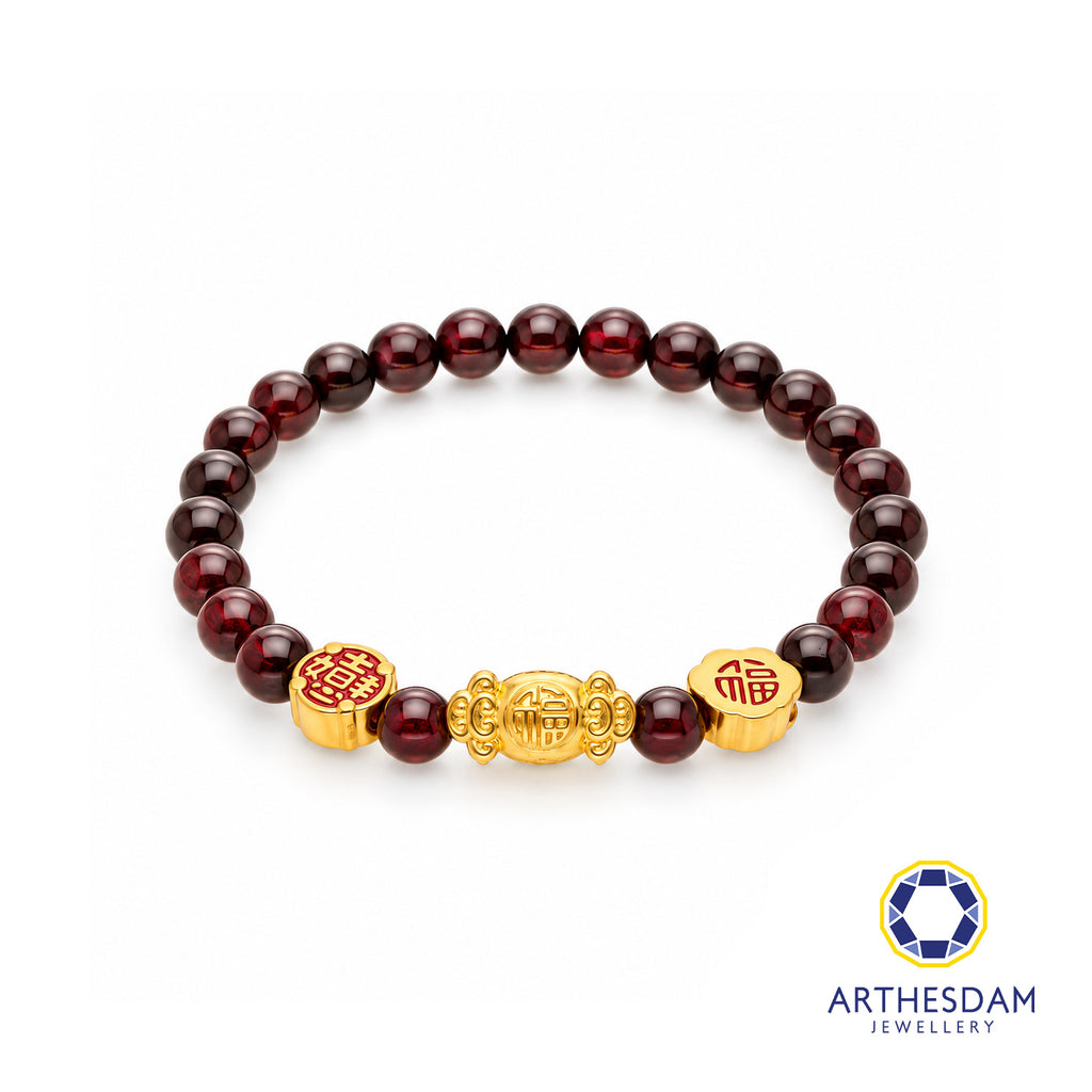 Arthesdam Jewellery 999 Gold 3-in-1 Multi Blessings Red Garnet Beaded Bracelet