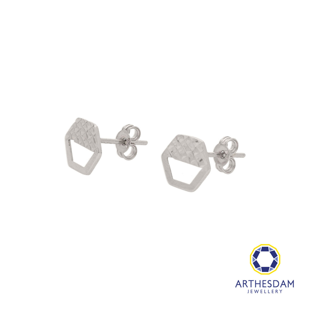 Arthesdam Jewellery 18K White Gold Textured Hexagon Earrings