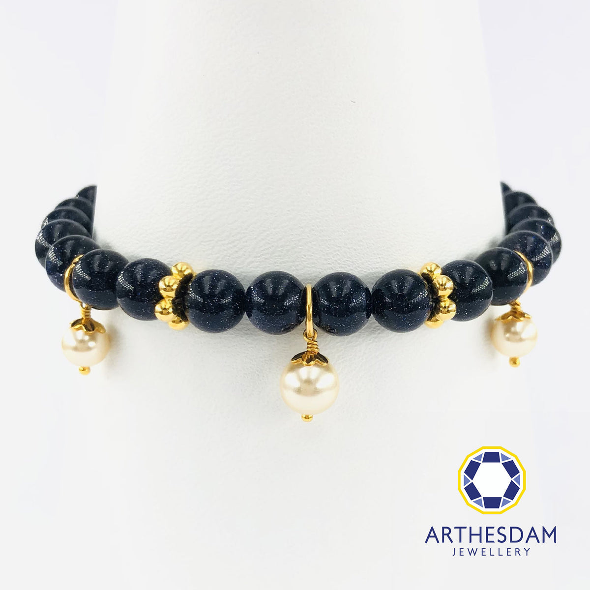 Arthesdam Jewellery 916 Gold Dangling Pearls Bluesand Quartz Bracelet