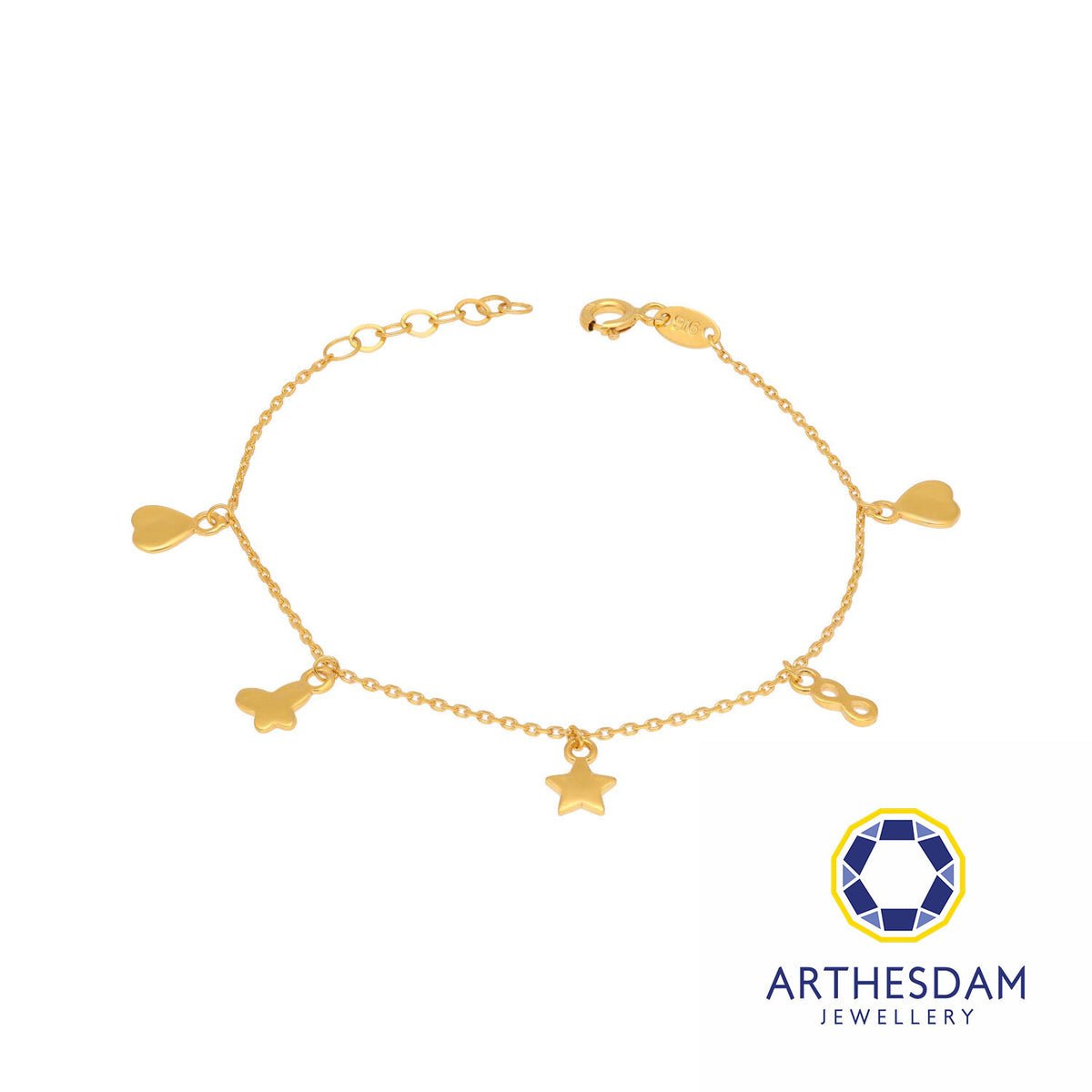 Arthesdam Jewellery 916 Gold Multi-Dangling Dainty Charm Bracelet