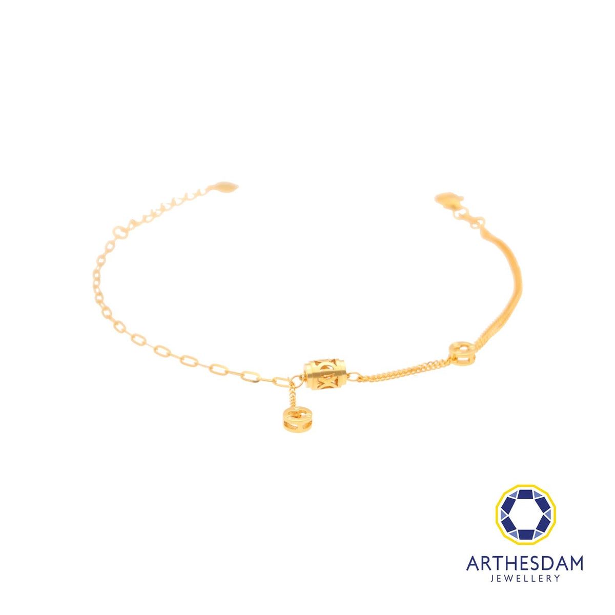 Arthesdam Jewellery 916 Gold Barrel with Dangling Heart Bracelet