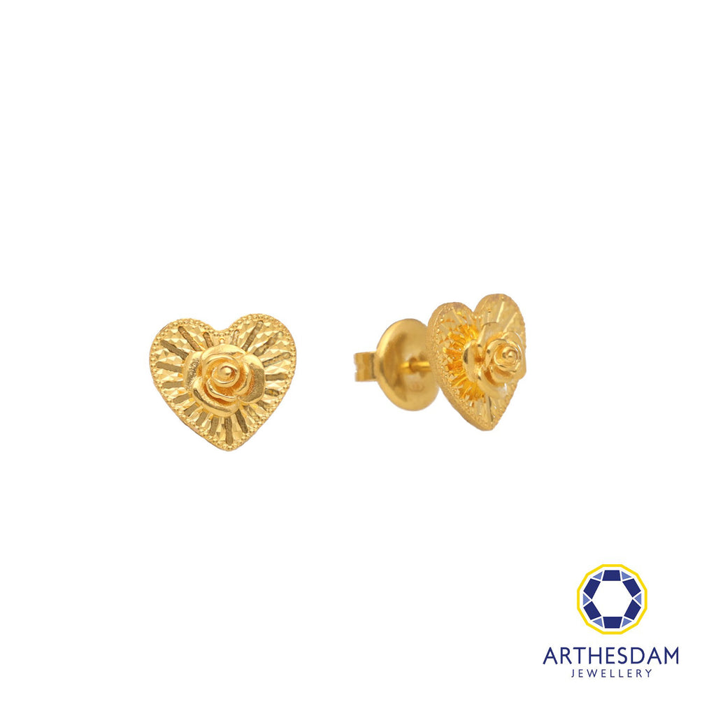 Arthesdam Jewellery 916 Gold Faceted Heart Blooming Rose Earrings