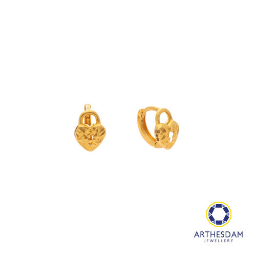 Arthesdam Jewellery 916 Gold Tiny Faceted Heart Lock Hoop Earrings