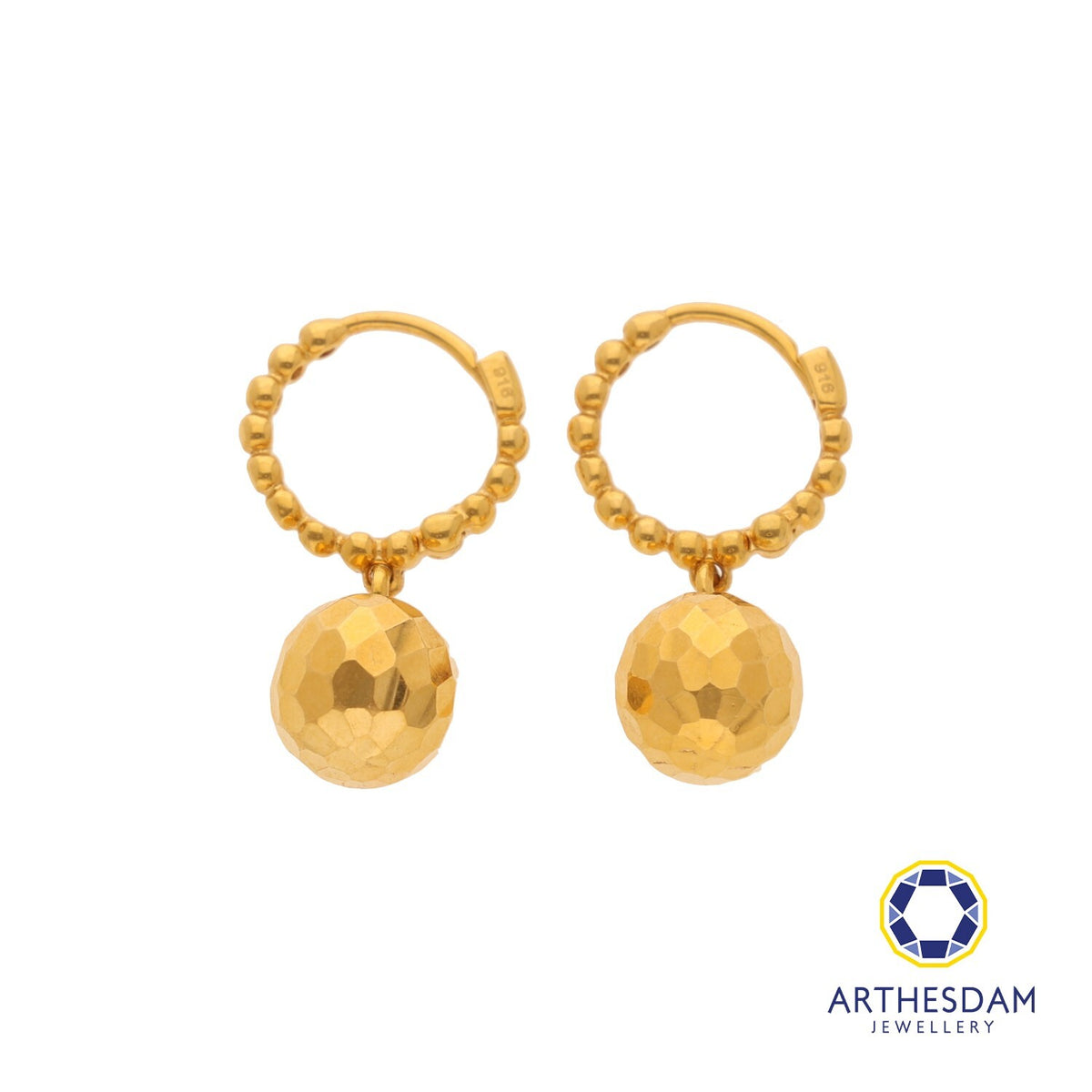 Arthesdam Jewellery 916 Gold Beaded Hoop with Dangling Disco Ball Earring