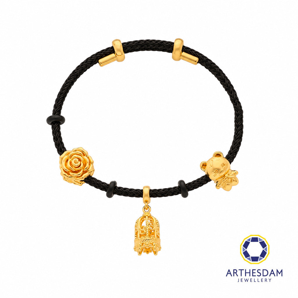 Arthesdam Jewellery 916 Gold Whimsical Teddy Charm Black Bracelet