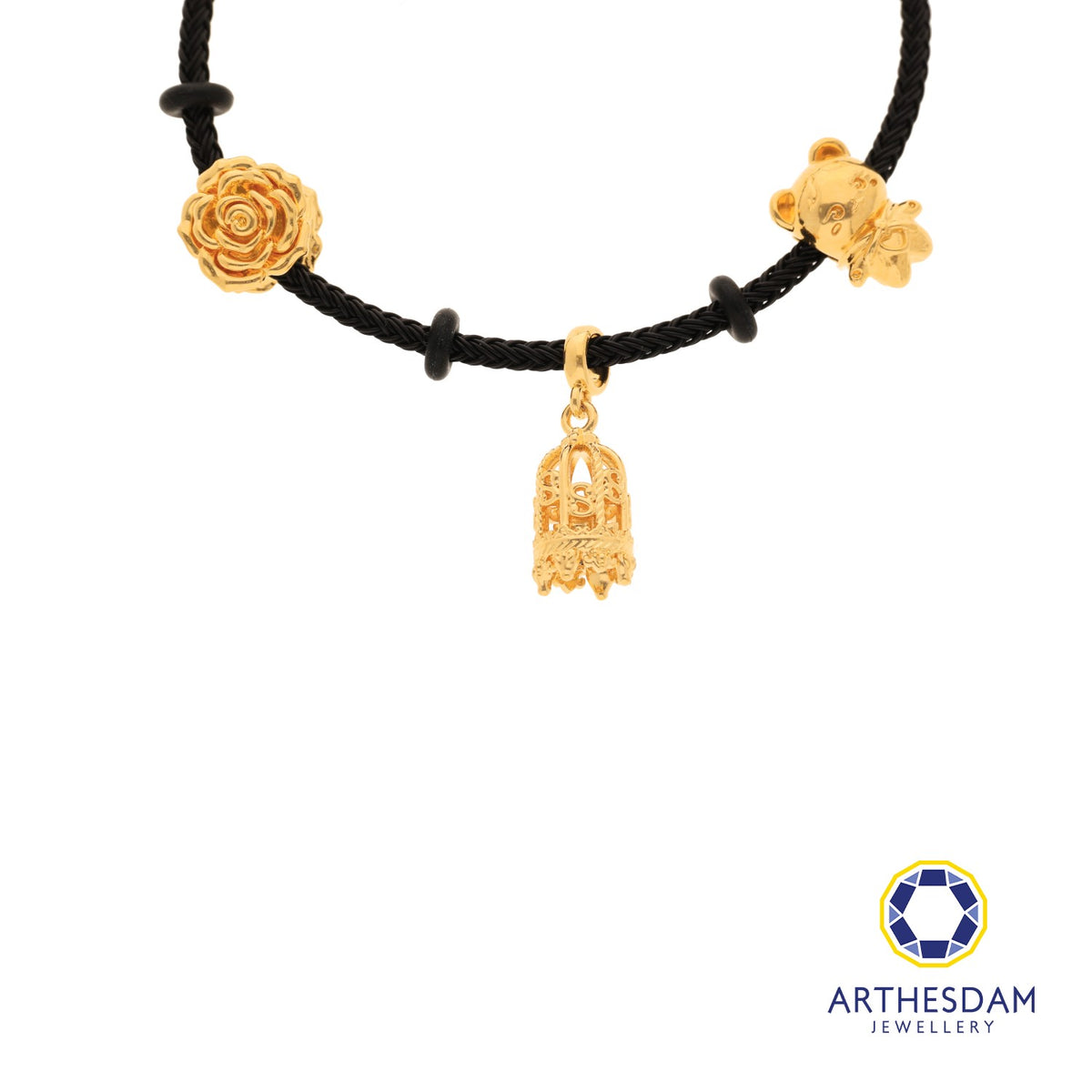 Arthesdam Jewellery 916 Gold Whimsical Teddy Charm Black Bracelet