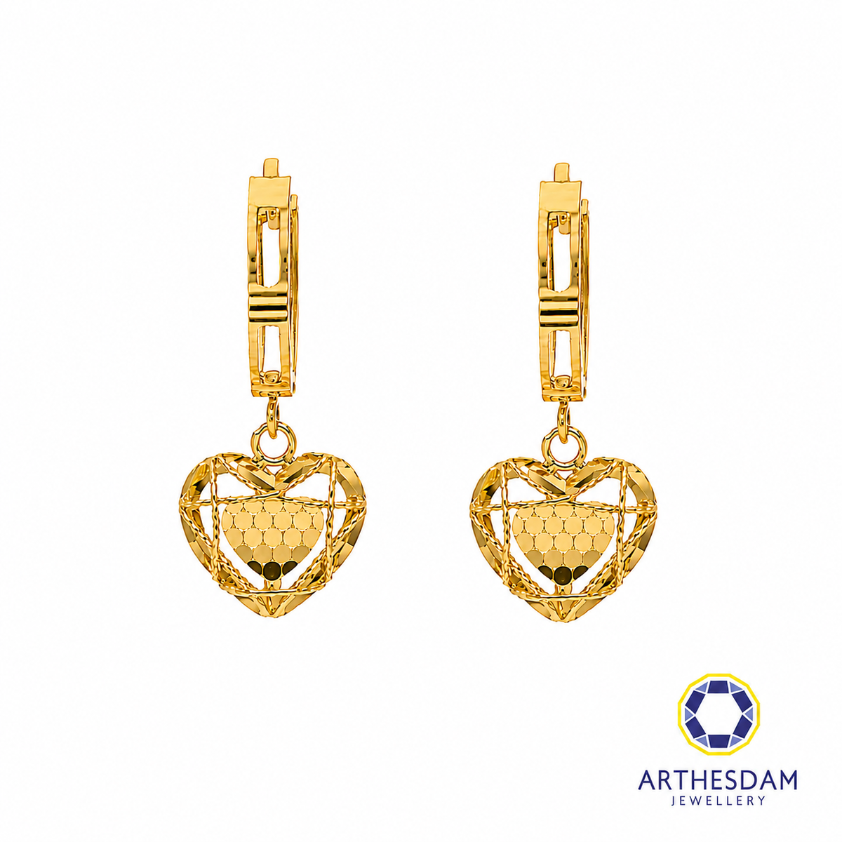 Arthesdam Jewellery 916 Gold Dangling Net Heart Faceted Hoop Earrings