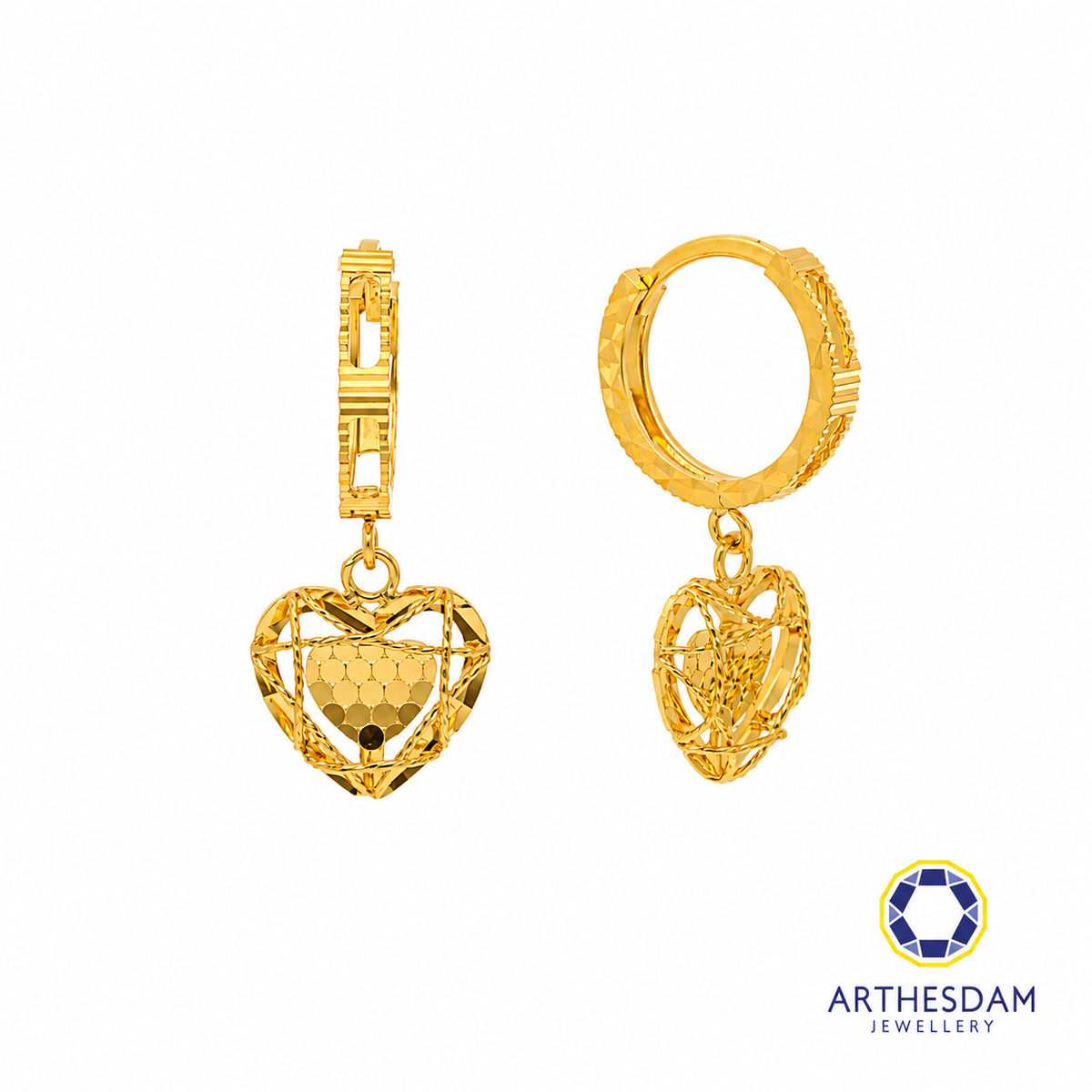 Arthesdam Jewellery 916 Gold Dangling Net Heart Faceted Hoop Earrings