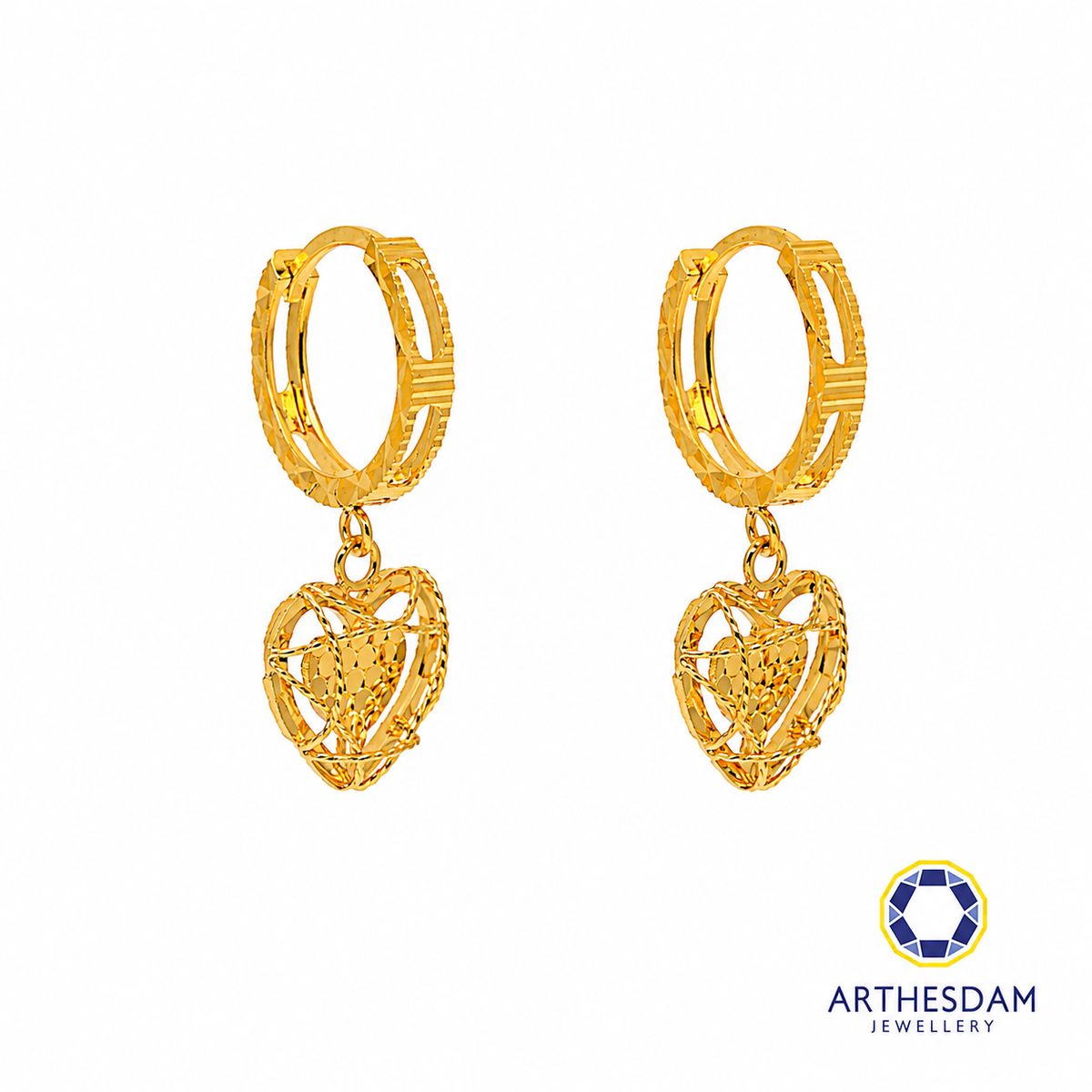 Arthesdam Jewellery 916 Gold Dangling Net Heart Faceted Hoop Earrings