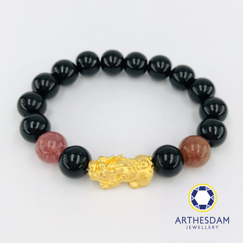 Arthesdam Jewellery 999 Gold Prosperity Pixiu Beaded Bracelet with Pink Quartz