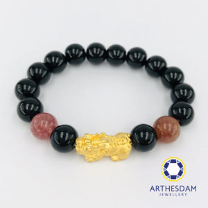 Arthesdam Jewellery 999 Gold Prosperity Pixiu Beaded Bracelet with Pink Quartz