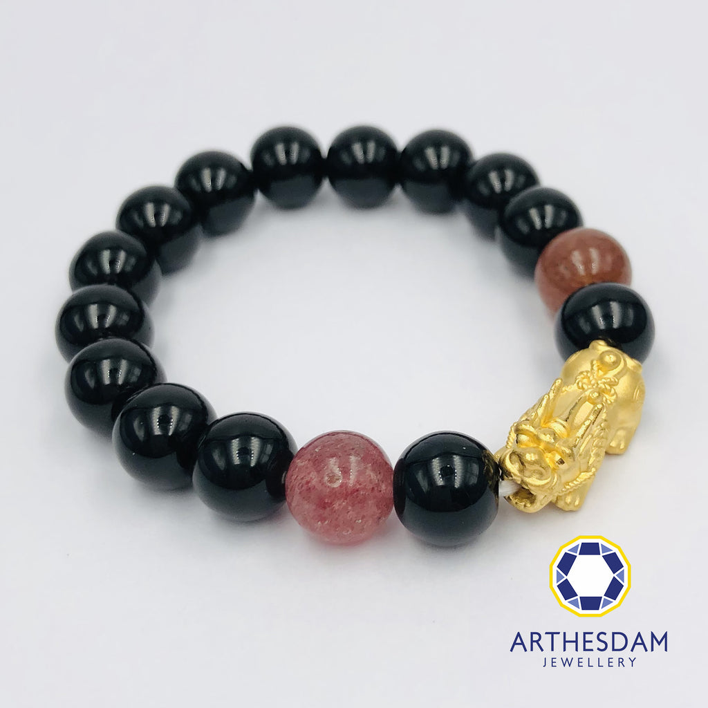 Arthesdam Jewellery 999 Gold Prosperity Pixiu Beaded Bracelet with Pink Quartz