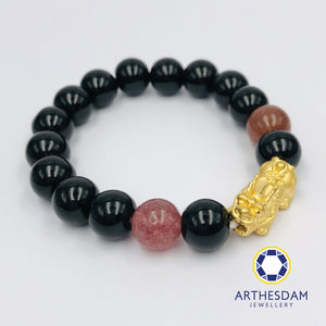 Arthesdam Jewellery 999 Gold Prosperity Pixiu Beaded Bracelet with Pink Quartz