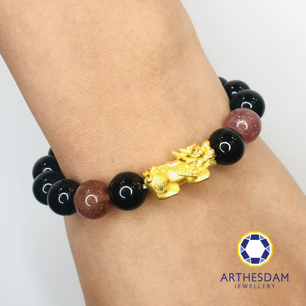 Arthesdam Jewellery 999 Gold Prosperity Pixiu Beaded Bracelet with Pink Quartz