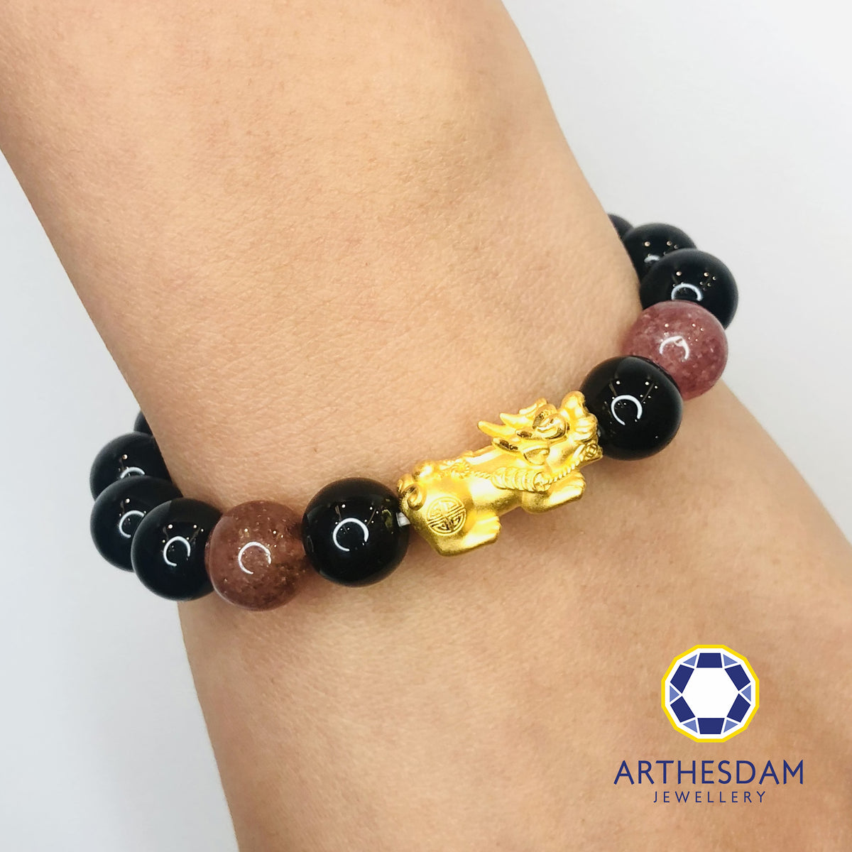 Arthesdam Jewellery 999 Gold Prosperity Pixiu Beaded Bracelet with Pink Quartz