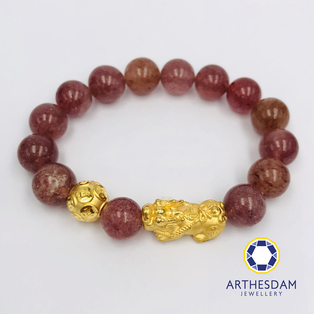 Arthesdam Jewellery 999 Gold Prosperity Pixiu Beaded Strawberry Quartz Bracelet