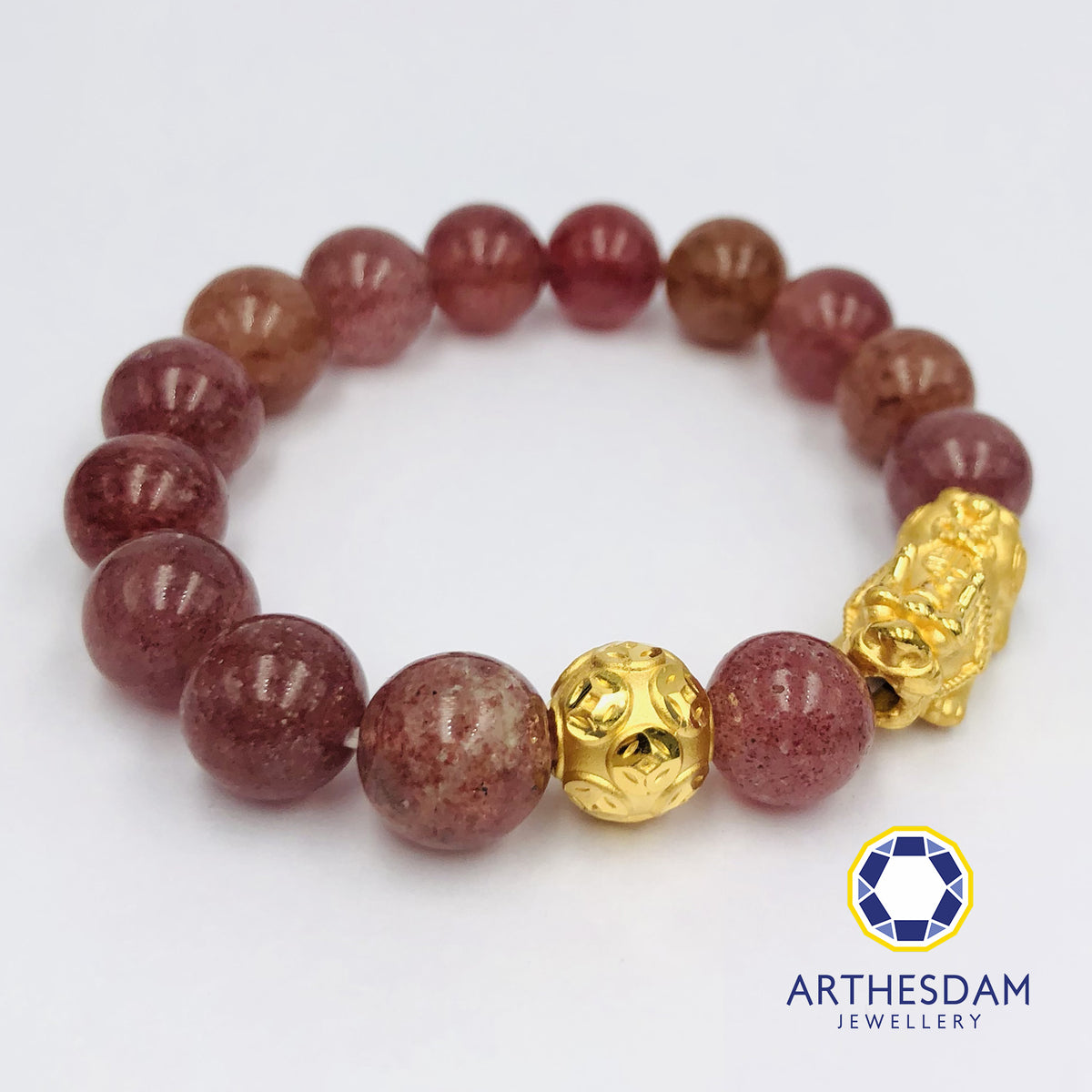 Arthesdam Jewellery 999 Gold Prosperity Pixiu Beaded Strawberry Quartz Bracelet