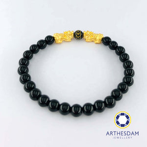 Arthesdam Jewellery 999 Gold Double Pixiu Obsidian Beaded Bracelet