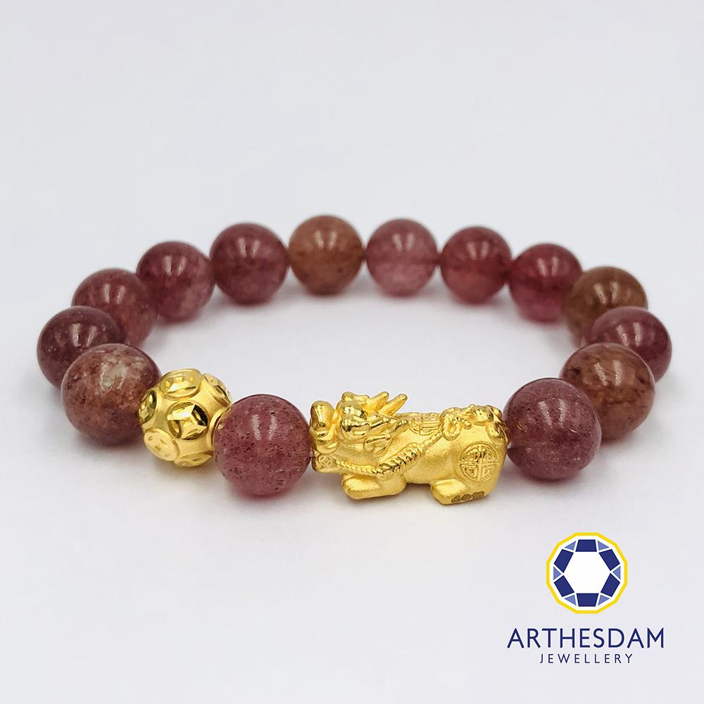Arthesdam Jewellery 999 Gold Prosperity Pixiu Beaded Strawberry Quartz Bracelet