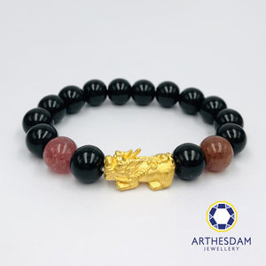 Arthesdam Jewellery 999 Gold Prosperity Pixiu Beaded Bracelet with Pink Quartz
