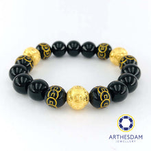 Load image into Gallery viewer, Arthesdam Jewellery 999 Gold Trinity Wealth Ball Obsidian Bracelet
