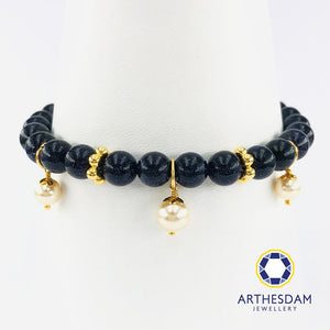 Arthesdam Jewellery 916 Gold Dangling Pearls Bluesand Quartz Bracelet