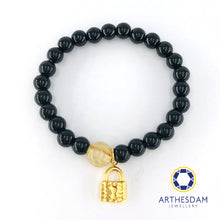 Load image into Gallery viewer, Arthesdam Jewellery 916 Gold Sparkly Lock Obsidian Beaded Bracelet
