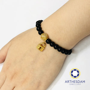 Arthesdam Jewellery 916 Gold Sparkly Lock Obsidian Beaded Bracelet