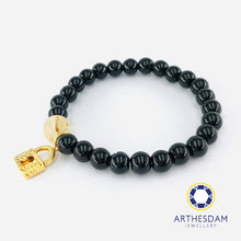Load image into Gallery viewer, Arthesdam Jewellery 916 Gold Sparkly Lock Obsidian Beaded Bracelet
