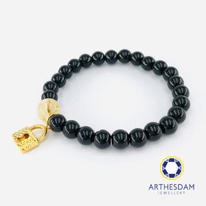Arthesdam Jewellery 916 Gold Sparkly Lock Obsidian Beaded Bracelet