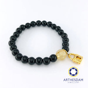 Arthesdam Jewellery 916 Gold Sparkly Lock Obsidian Beaded Bracelet